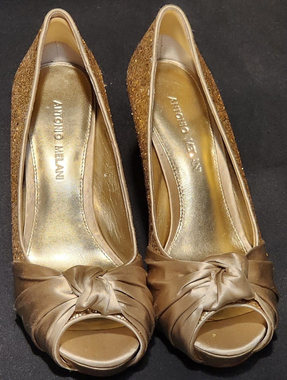 ANTONIO MELANI Gold Glitter Knot Peep-Toe Heels